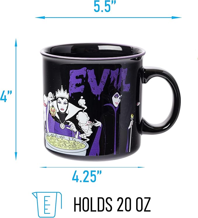 Silver Buffalo Disney Villains Evil Featuring Ursula, Cruella de Vil, The Evil Queen, and Maleficent Ceramic Camper Mug, 20 Ounces