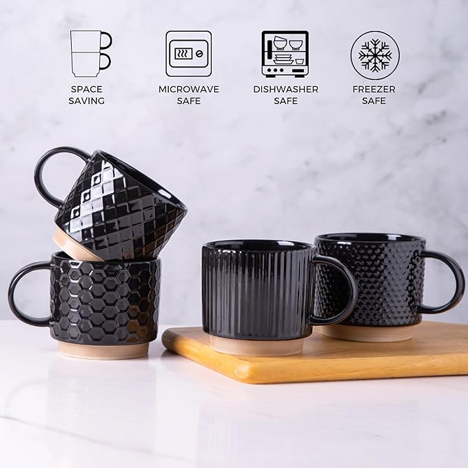 GBhome 12OZ Stackable Coffee Mugs with Stand, Ceramic Coffee Mugs with Texture Patterns for Man,Woman,Dad,Mom, Modern Coffee Cups Set of 4 for Latte/Cappuccino/Cocoa. Dishwasher&Microwave Safe,Black