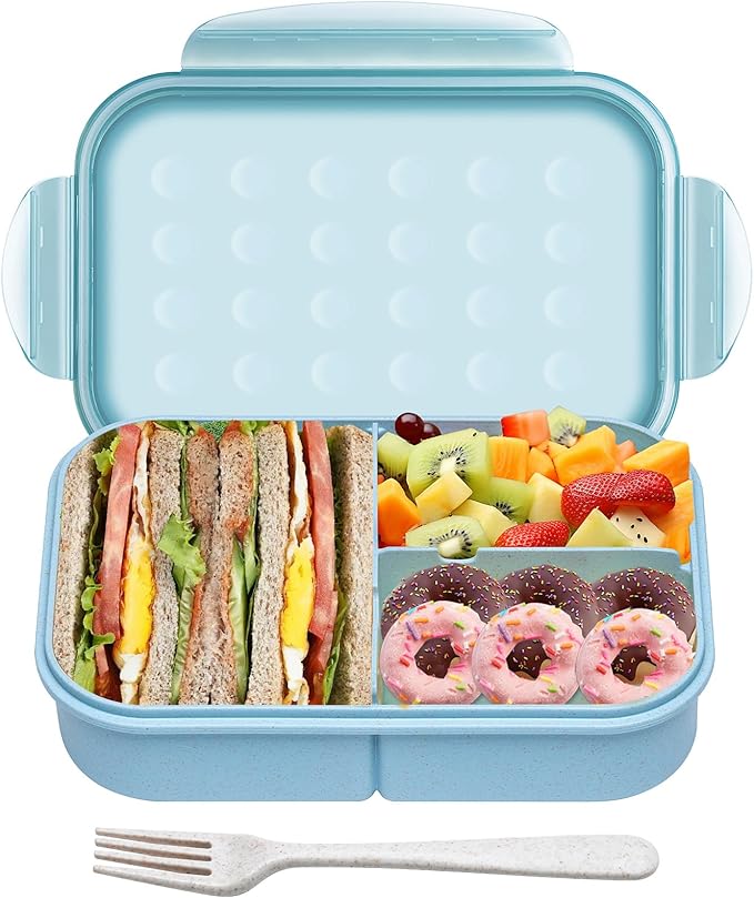 Wheat Straw Lunch Box, Leakproof 3-Compartment Bento Box for Kids & Adults, BPA-Free, Microwave & Dishwasher Safe, 5.5 Cup/1400 ml, Blue