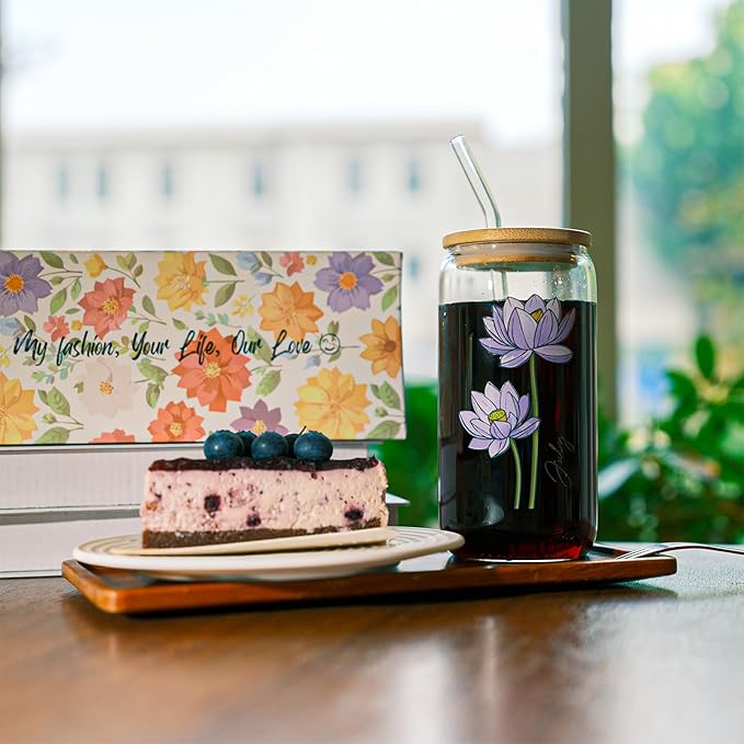 Birth Month Flower Iced Coffee Glass Cup 16oz Custom Tumbler Birthday Gifts Personalized Gifts for Women, Teachers, Bridesmaids, Birthdays, Mom, Valentines