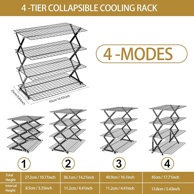 4-Tier Stackable Cooling Rack for Baking, Collapsible Wire Cookie Rack with Adjustable Heights, Non-Stick Roasting & Drying Rack for Cupcakes, Pies and Pastries, Space-Saving Kitchen Essential