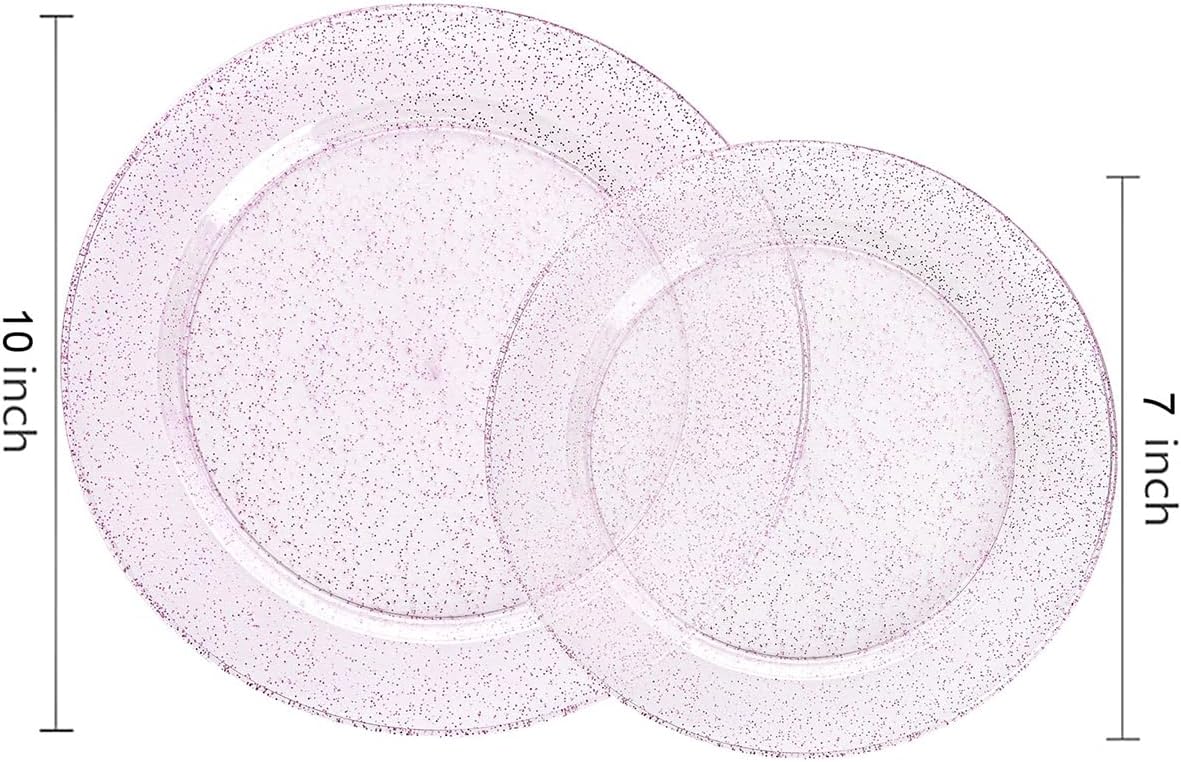 WDF 200PCS Pink Plastic Plates - Rose Gold Glitter Plastic Plates - Heavy Duty Pink Glitter Disposable Plates for Wedding Baby Shower Spring Birthday Easter