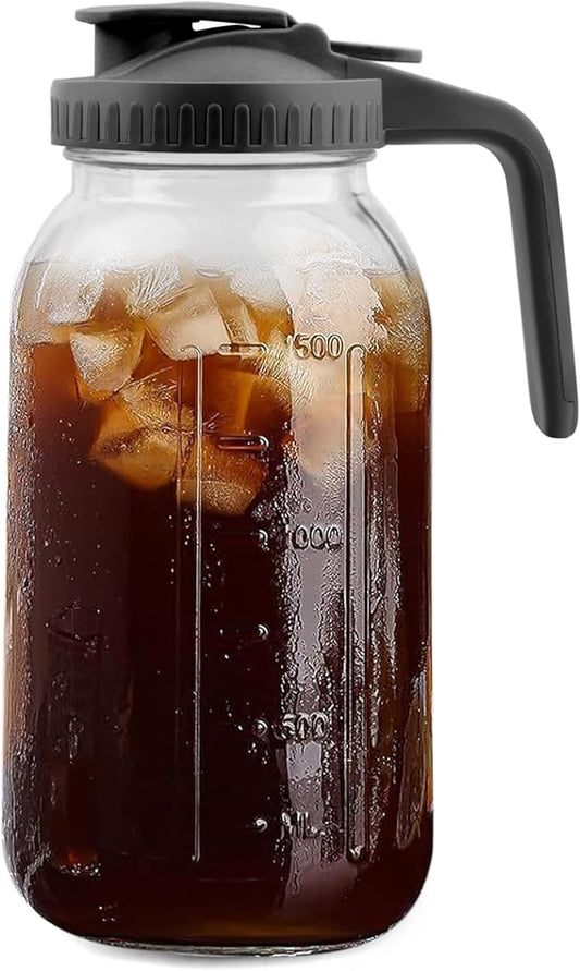 64 Oz Glass Pitcher with Lid, 2 Quart Heavy Duty Cold Brew Pitcher, Leak-Proof, Wide Mouth Mason Jar with Pouring Airtight Lid,Ideal for Fridge Storage