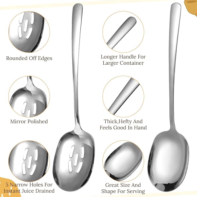 8PCS Stainless Steel Serving Spoons Set, Extra Large 11 Inch Serving and Slotted Spoon Cooking Spoons Cutlery Serving Utensils for Kitchen Buffet Parties Catering, Dishwasher Safe
