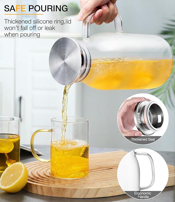 Glass Pitcher with Lid, 2 Liter 68oz Water Pitcher with Handle for Fridge, Large Drink Jug for Iced Tea, Coffee, Juice, Borosilicate Glass Carafe for Hot/Cold Brew Beverage, Heat Resistant