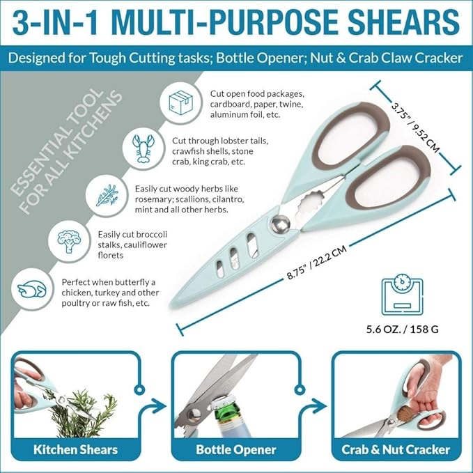 PortoFino Kitchen Scissors for Food, Stainless Steel Shears, Cooking Scissors for Chicken, Fish, Herbs, Lightweight and designed with a soft Non-Slip Grip, Protect Cover, Dishwasher Safe, Blue
