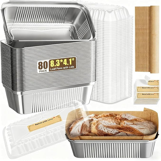 80 Pack Aluminum Loaf Pans with Lids Stickers and Parchment Paper Sheets,2.4Lb Heavy Duty Aluminum Foil Premium Bread Tins - 8.3" X 4.1" X 2.2" Disposable Baking Pans