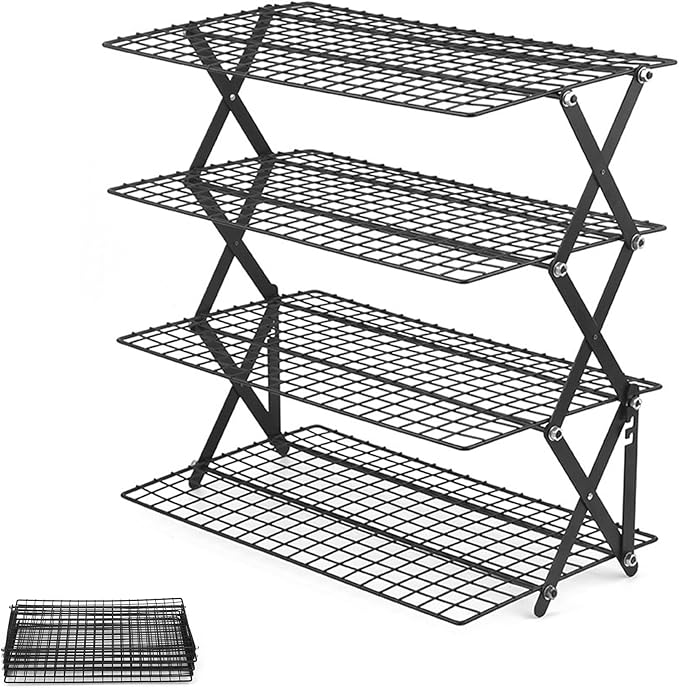 4 Tier Collapsible Cooling Rack, Adjustable 3 Setting Stackable Foldable Wire Rack for Baking Cooking Roasting Drying Cookies Cakes Muffins, Space Saving Baking Gift
