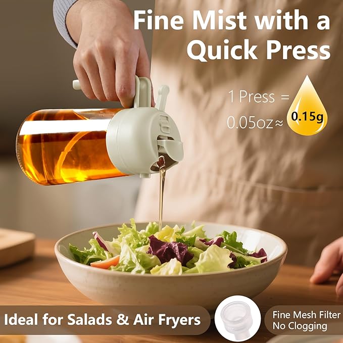 2PCS Oil Sprayer for Cooking, 16oz/470ml Glass Oil Dispenser/Pour Bottle, Kitchen Accessories, Kitchen Gadgets for Air Fryer, Salad, BBQ, with Stickers (Green,White)