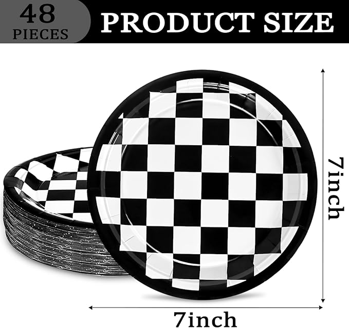 48 Pcs 7" Black Checkered Paper Plates Light Black & White Gingham Flag Party Plates, Plaid Dessert Table Supplies for Race Car BBQ Gathering Picnic Baby Shower Birthday Dinner Party Decorations
