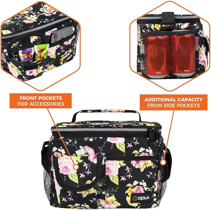opux Insulated Lunch Bag for Men Women, Leakproof Floral Black Lunch Box for Work, Portable Soft Lunch Cooler Bag with Shoulder Strap, Adult Lunchbox Lunch Pail for Kid Boy Girl School, 14 Can/8L