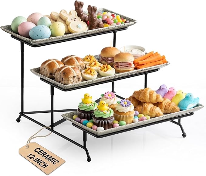 LAUCHUH 3 Tier Serving Tray, Porcelain Serving Platters and Trays for Party 12 Inch Tiered Tray Stand Cupcake Stand with Collapsible Sturdier Rack for Mother's Day Serving Food, Speckled Gray