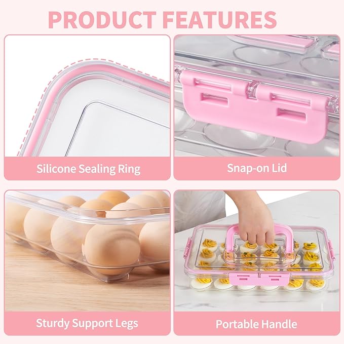 2 Pack Deviled Egg Containers with Lid and Handle, Durable Clear Plastic Deviled Egg Carrier Storage 48 Eggs, Stackable Egg Holder for Fridge, Portable Tray Platter for Party & Picnics-Pink