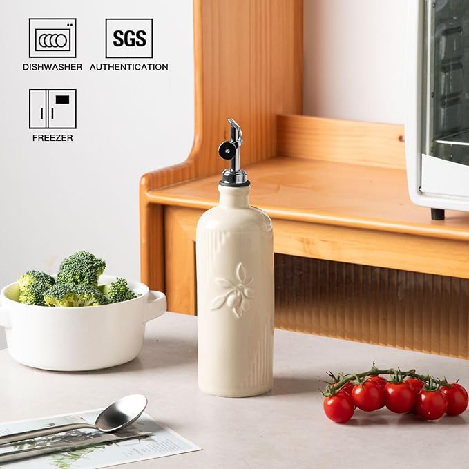 Sweejar Ceramic Olive Oil Dispenser Bottle for Kitchen Counter, 20 oz Oil Dispenser with Spout, Avocado Oil Cruet for EVOO, Vinegar, Oil Container for Cooking, Pack of 1 (Beige)
