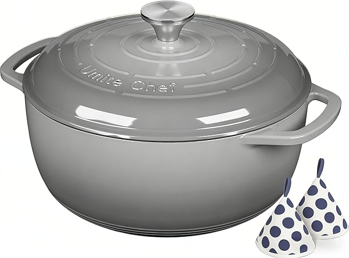 Enameled Cast Iron Dutch Oven - Umite Chef 6QT Pot with Lid & Cotton Potholders - Dual Handles -Versatile Heavy Duty Cookware for Bread Baking，Braising, Stews, Roasting（Grey）