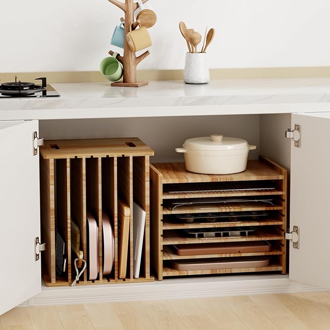7 Tiers Cookie Sheet Organizer for Cabinet, Wooden Tray Dividers for Kitchen Cabinets Baking Sheet Pan Organizer, for Heavy Pans, Cutting Board, Bakeware, Kitchen Cupboard Storage, Solid Wood