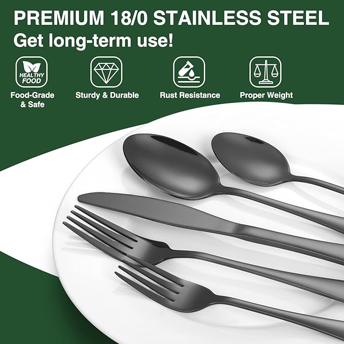 60-Piece Black Silverware Set with Organizer, AIVIKI Stainless Steel Flatware for 12, Cutlery Utensil Set for Home Restaurant, Tableware Includes Knife Fork Spoon Set, Mirror Polished