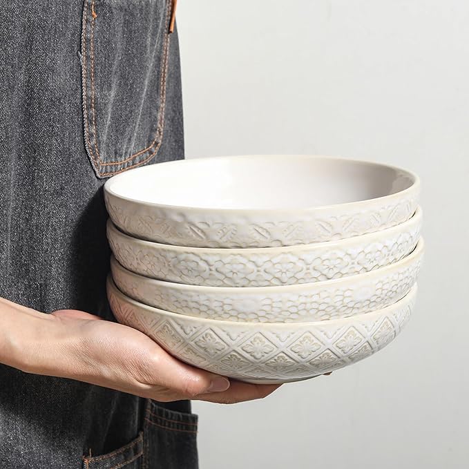 22 Oz Pasta Bowls Set of 4 - Ceramic Soup Bowls, 8inch Large Serving Bowl, Porcelain Kitchen Embossed Dish for Salad, Fruit, Rice, Desserts, Housewarming Present, Dishwasher Safe