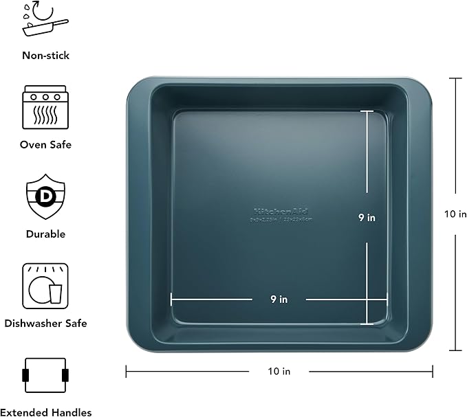 KitchenAid Nonstick Swiss Engineered Aluminized Steel Square Cake Pan, Dishwasher Safe, Agave, 9 Inch