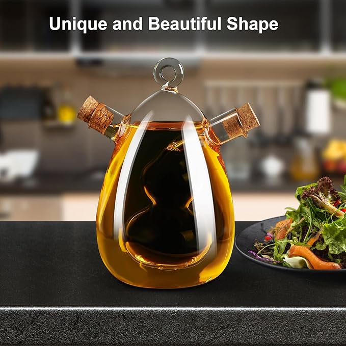 PARACITY Oil and Vinegar Dispenser Bottle 2 in 1, Olive Oil Dispenser Bottle for Kitchen with Cork Stoppers, 12OZ Transparent Glass Vinegar Dispenser