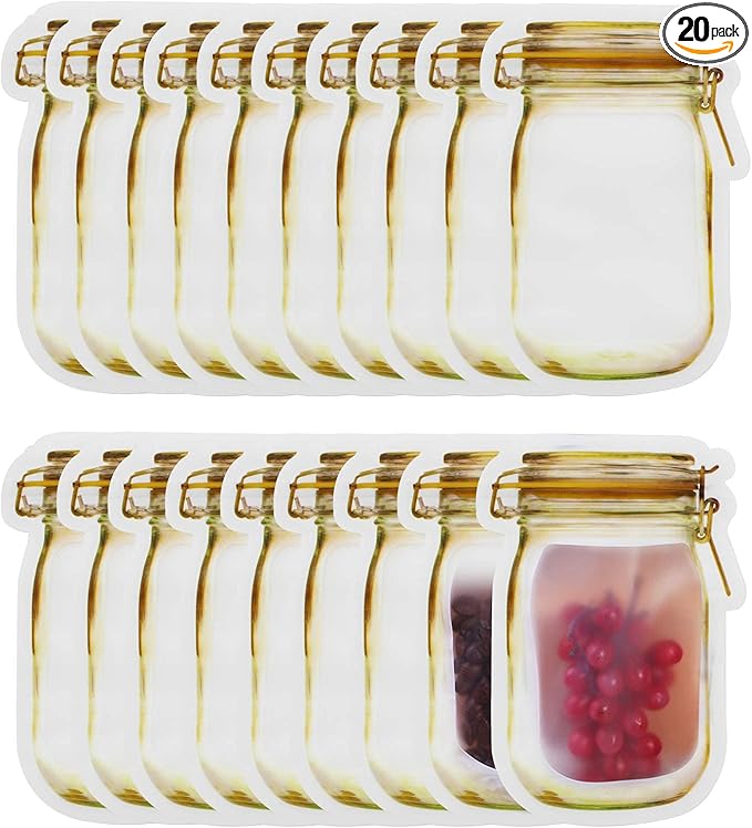 Mason Jar Bags Yellow, 20 Pcs Reusable Airtight Seal Food Storage Bags Leak-Proof Saver Bags for Travel Camping