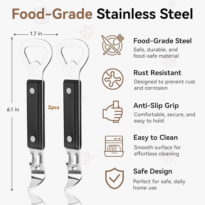 2-in-1 Can Punch Opener & Bottle Opener, 2-Pack, Stainless Steel, Non-Slip Handle, Compact 6.1", For Traditional Cans (No Pull-Tab) & Pry-Off Bottle Caps