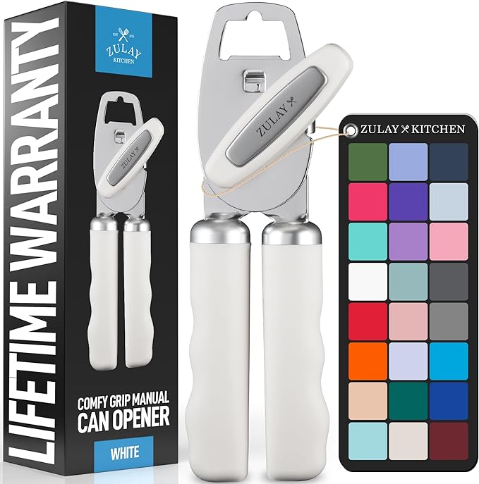 Zulay Kitchen Heavy Duty Stainless Steel Can Opener Manual with Bottle Opener - Rust Proof Manual Can Opener With Turn Knob & Comfy Soft Grip Handles - White
