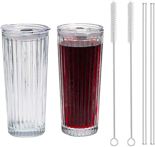 20oz Glass Tumblers with Lids and Straws - Stylish Vintage Ribbed Design for Iced Coffee, Juice, Smoothies, Milkshakes, Cold Beverages & Whiskey Cocktail Beer (Pure Vertical Stripes)