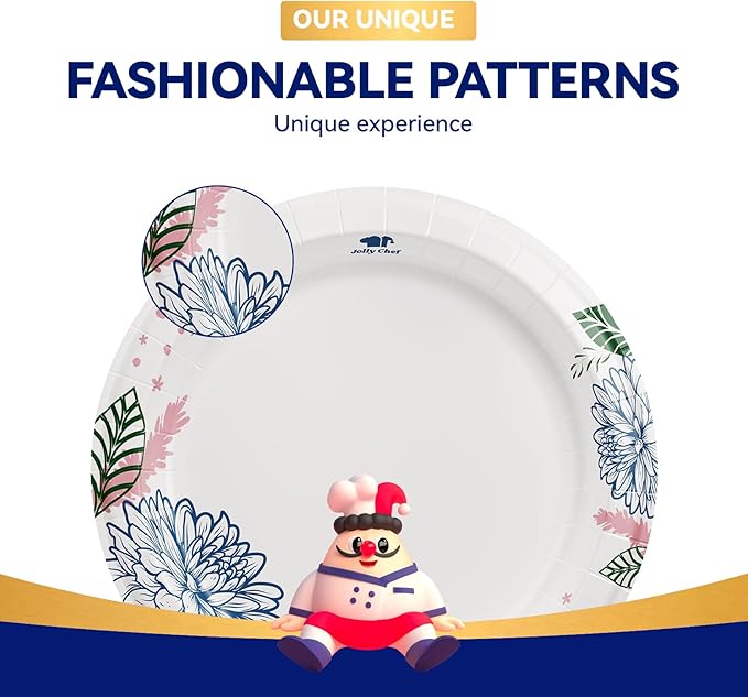 JOLLY CHEF 𝟭𝟰𝟬 𝗖𝗼𝘂𝗻𝘁 𝗣𝗮𝗽𝗲𝗿 𝗣𝗹𝗮𝘁𝗲𝘀 𝟭𝟬 𝗶𝗻𝗰𝗵 Soak Proof, Cut Proof, Heavy Duty Flower Printed Disposable Paper Plates for Everyday Use