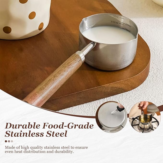 Stainless Steel Butter Warmer Pot & Mini Milk Warmer - 250ml Small Sauce Pan with Secure Handle, Dual Spout & Clear Marks for Melting, Heating, Cooking