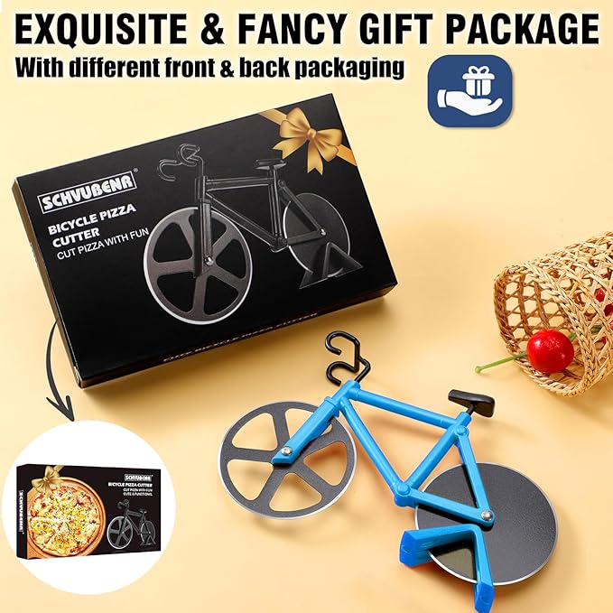 Bicycle Pizza Cutter Wheel - Gifts for Cyclists, Men, Dad, Bike Lovers - Funny Kitchen Gadgets - Cool Father’s Day, Christmas, Birthday, White Elephant Gifts - Stainless Steel Pizza Slicer(Blue)