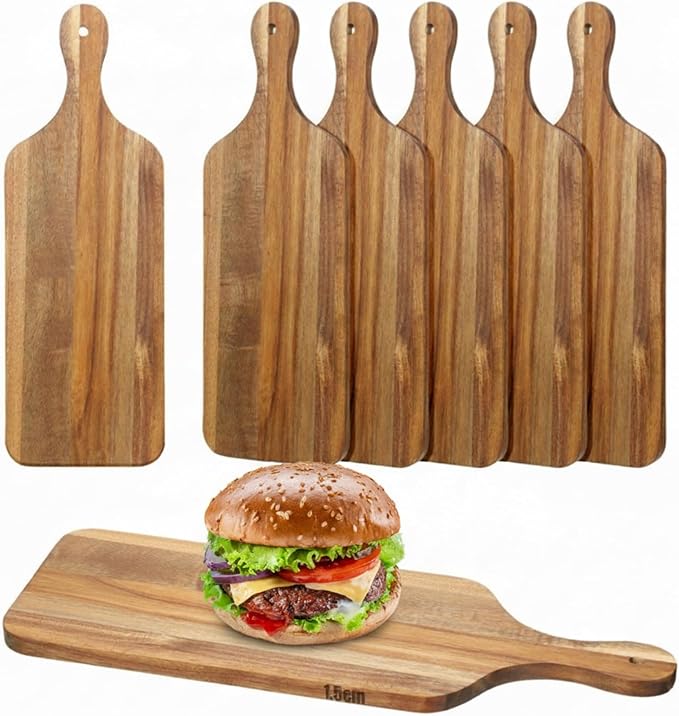 6 Pcs Cutting Board Bulk Kitchen Thicken Chopping Platter with Handles Wooden Charcuterie Serving Trays Blank Wood Boards for Engraving Wedding Housewarming(Acacia Wood,17 x 6 Inch)