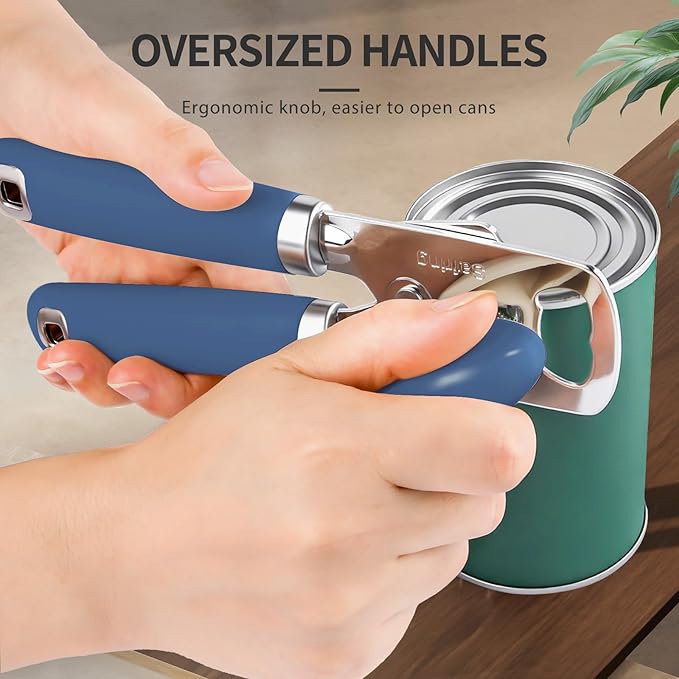Can Opener Manual, Heavy Duty Stainless Steel Smooth Edge Can Opener With Soft Touch Handle, Oversized Handheld Easy Turn Knob, Multi-Function Bottle Opener, Blue
