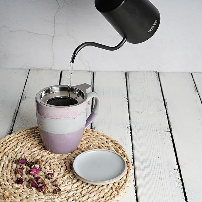 Bosmarlin Ceramic Tea Cup with Infuser and Lid, 16 Oz, 4 Colors to Choose, Dishwasher and Microwave Safe, Steeping Tea Mug with Strainer, Reactive Glaze, (Purple)