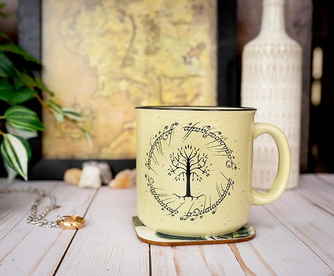 The Lord of the Rings Gondor Elven Script Ceramic Camper Mug | BPA-Free Travel Coffee Cup For Espresso, Caffeine, Cocoa | Home & Kitchen Essentials, Hobbit Gifts and Collectibles | Holds 20 Ounces