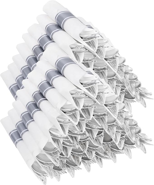 100Pack Wrapped Silver Plastic Silverware Sets - Heavy Duty Plastic Silverware Include Pre Rolled Disposable Utensils with Napkins for Parties & Dinners & Weddings