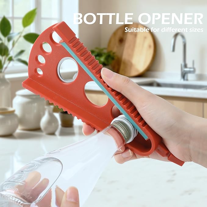 Jar Opener for Weak Hands & Seniors, Multi-Functional Bottle Opener Tool for Lids, Tabs, Caps, Pull Rings, 5-in-1 Can Opener Dark Red