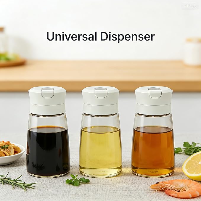 Soy Sauce Dispenser, 8.45oz Non-Drip Spout Cruet for Olive Oil, Vinegar, and Soy Sauce with Auto Flip Cap, Glass Dispenser Bottle for Kitchen Cooking