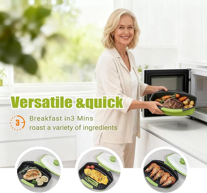 Quick-Heat 39 OZ Microwave Bacon Cooker & Grill Pan with Lid | Multi-Purpose Microwave Cookware for Grilling, Frying, Baking | Portable & Dishwasher Safe for Kitchen, RV, Office, Dorm(Green)
