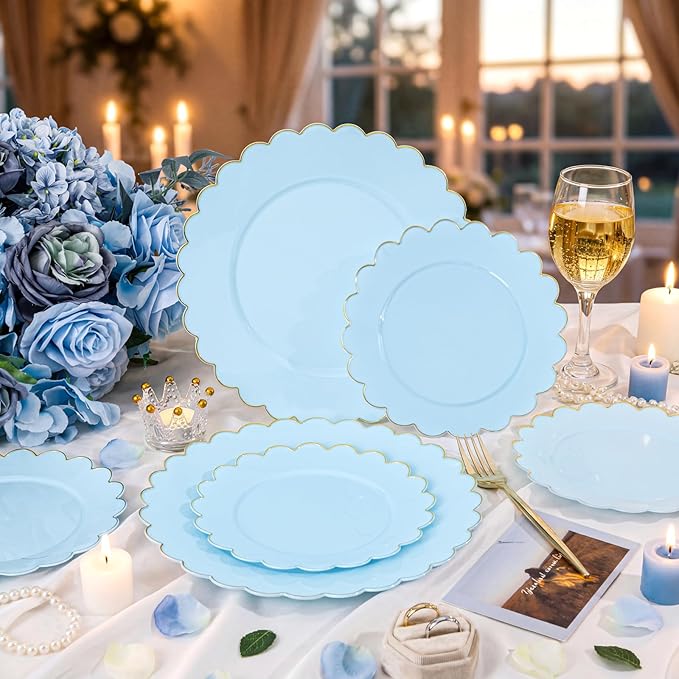 LIYH 120 Pcs Baby Blue Plastic Plates with Gold Edge - Disposable Light Blue Scalloped Baby Shower Plastic Plates Includes 60 Dinner Plate 10.25" & 60 Dessert Plate 7.5" for Party Birthday Easter
