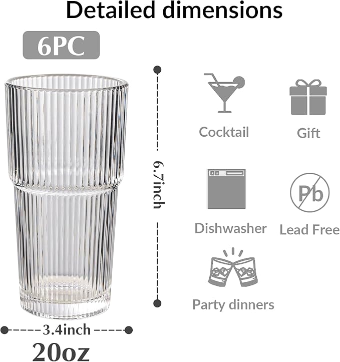 Set of 6 Oversize Ribbed Glassware, 20oz Vintage Clear Glass Tumbler, Large capacity, Origami Style, Fluted Design, Ideal for Water, Iced Coffee, Beer, Tea, Latte, Housewarming Gift (Large)