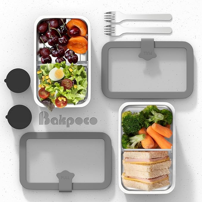 Stainless Steel Bento Box for Adult, 42oz Leak-Proof Metal Lunch Box Containers with Adjustable Divider, Microwave-Safe, Lunchbox with Glass Lid for Work Travel, Silver