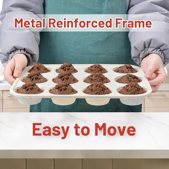 CAKETIME Silicone Muffin Pan, Metal Reinforced Frame Cupcake Pan 12 Cups Regular Size Easy to Move in or Out of Oven Non-Stick (1)