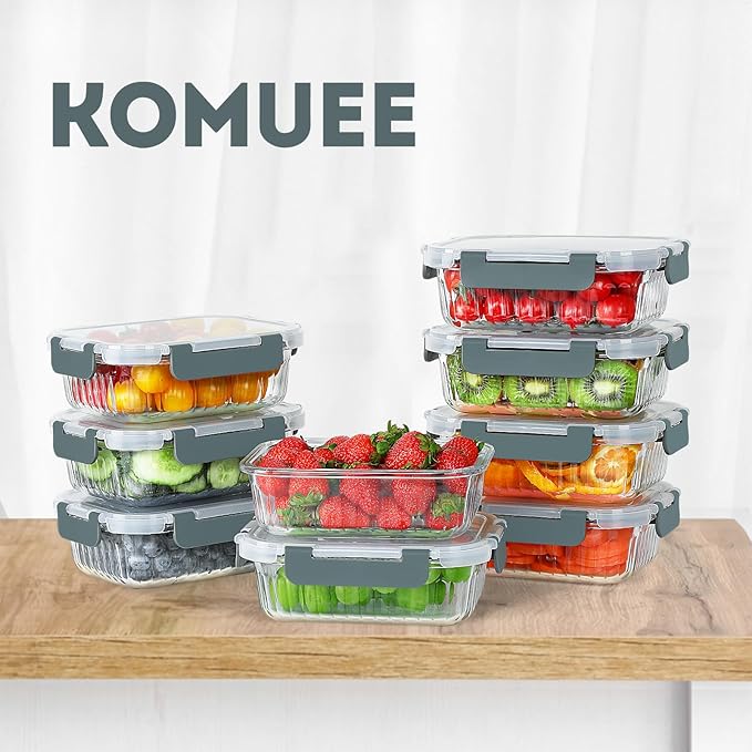 KOMUEE 10 Packs 22 oz Glass Meal Prep Containers with Lids, Airtight Glass Lunch Containers, BPA Free, Microwave, Oven, Freezer and Dishwasher Friendly, Gray