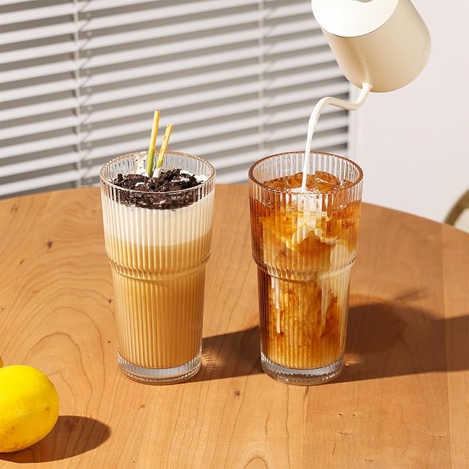 Ribbed Drinking Glasses with Lids & Straws, Leak-Proof 20oz and 15oz Glass Cups, 4PCS Glass Tumblers, Ideal for Home, Office, Outdoor Use
