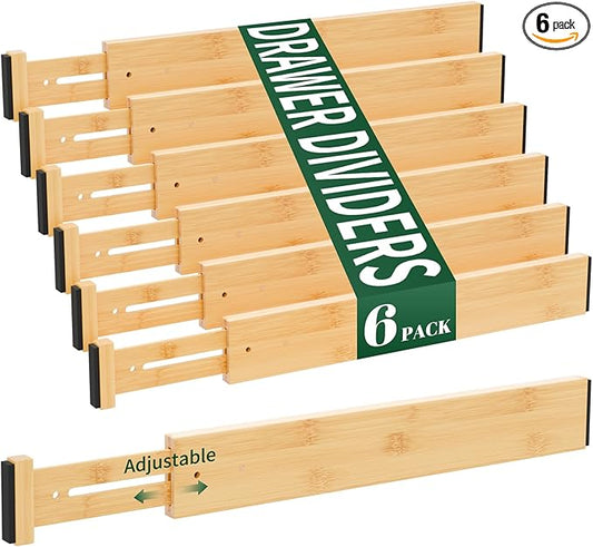 6 Pack Bamboo Drawer Dividers 2.6" High,Adjustable Spring Loaded Clothes Drawer Organizers for Kitchen, Dresser, Bathroom, Bedroom and Office