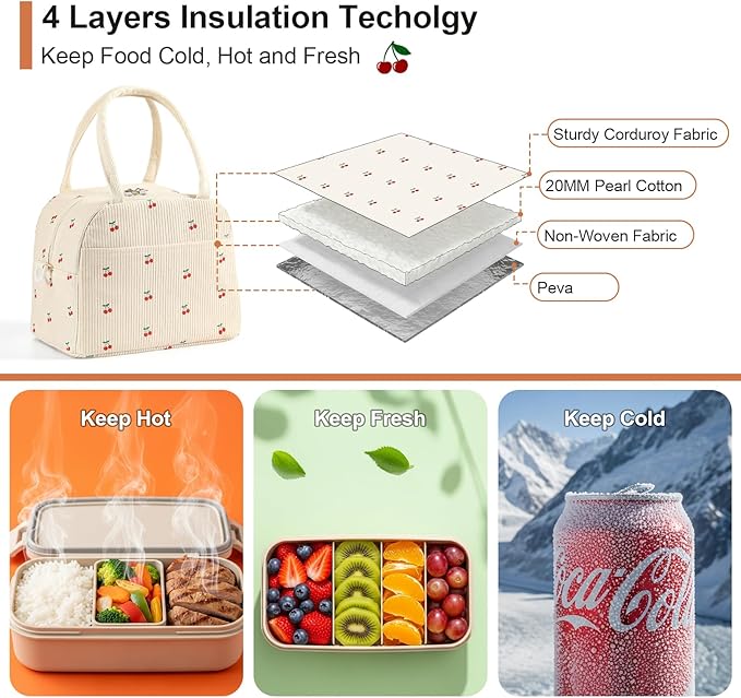 Lunch Box for Women Adults, Reusable Cute Corduroy Lunch Tote Box with Large Capacity, Insulated Lunch Bag with Adjustable Shoulder Strap, Perfect for Work, Picnic, Office or Travel