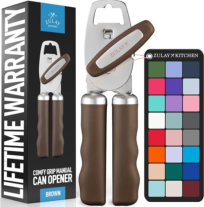 Zulay Kitchen Heavy Duty Stainless Steel Can Opener Manual with Bottle Opener - Rust Proof Manual Can Opener With Turn Knob & Comfy Soft Grip Handles - Brown