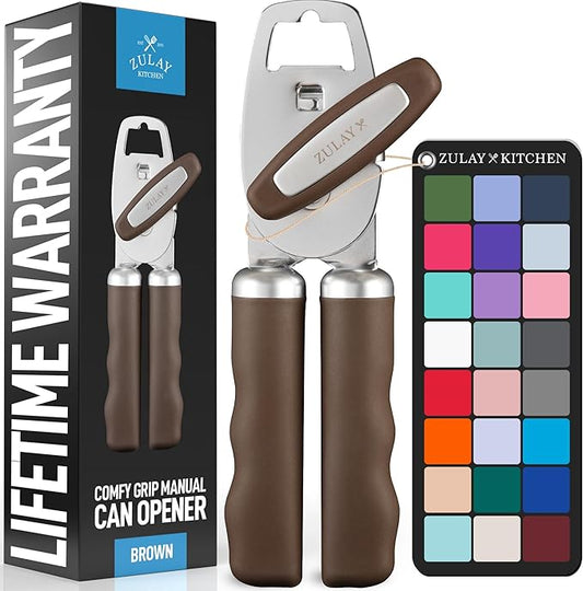 Zulay Kitchen Heavy Duty Stainless Steel Can Opener Manual with Bottle Opener - Rust Proof Manual Can Opener With Turn Knob & Comfy Soft Grip Handles - Brown