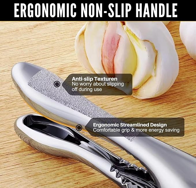 3 in1 Garlic Press Stainless Steel – Heavy Duty Garlic Crusher & Mincer with Cleaning Tool, Ergonomic Easy Squeeze Handle, Rust-Proof Dishwasher Safe Garlic Mincer for Kitchen